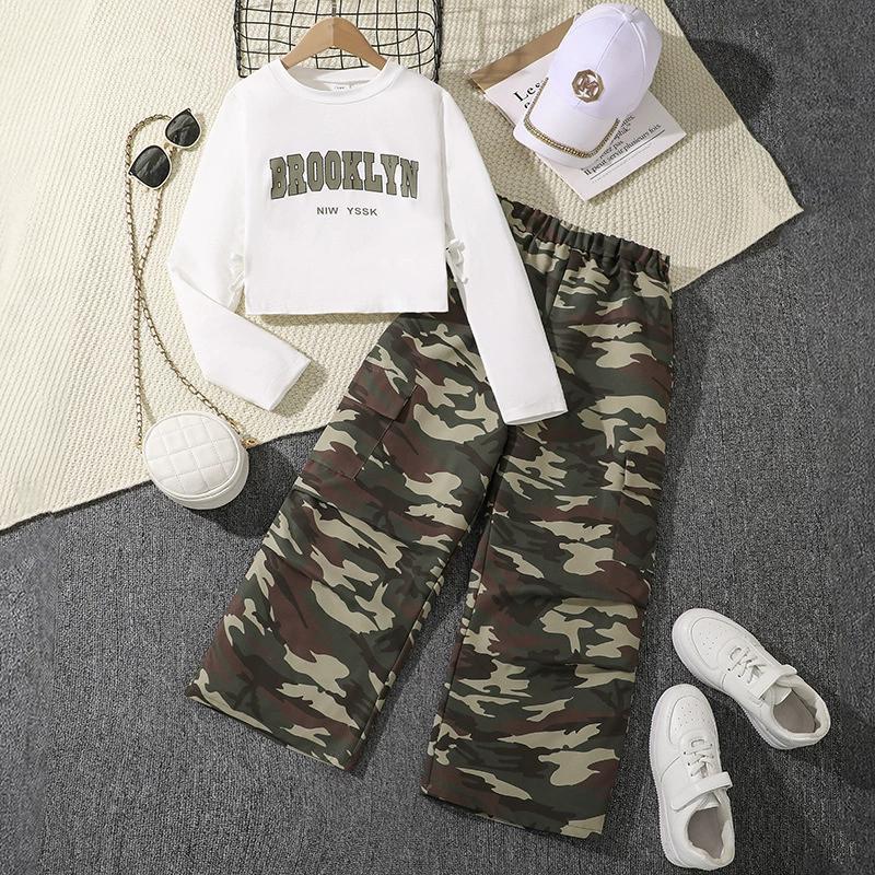 Girls Autumn Suit 2025 Children Clothing Letter Long Sleeved Sweatshirt + Wide-Leg Overalls Fashion 2 Piece Set