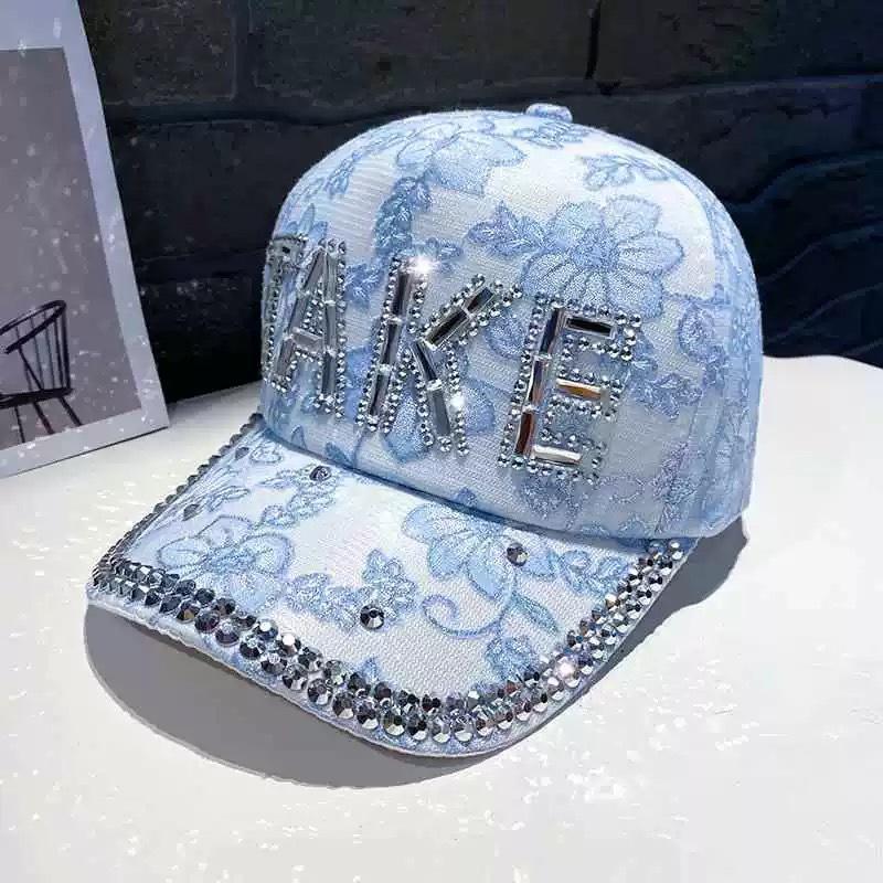 Bling Rhinestone Floral Lace Baseball Cap Sparkle Adjustable Trucker Hat for Women