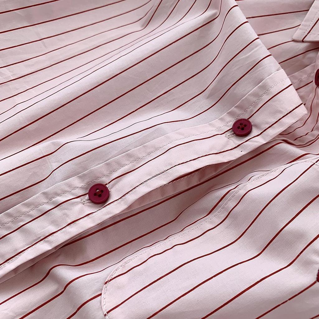 Women's Pink Pinstripe Embroidered Polo Collar Long Sleeve Shirt - Korean Spring Design