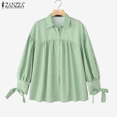 Женская блузка в полоску с отложным воротником, свободного кроя, с длинным рукавом