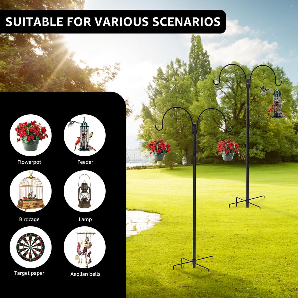 185CM Shepherds Hook Metal Double Hook Bird Feeder Hanger Height Adjustable Flowerpot Holder for Outdoor Lawn Garden Decoration