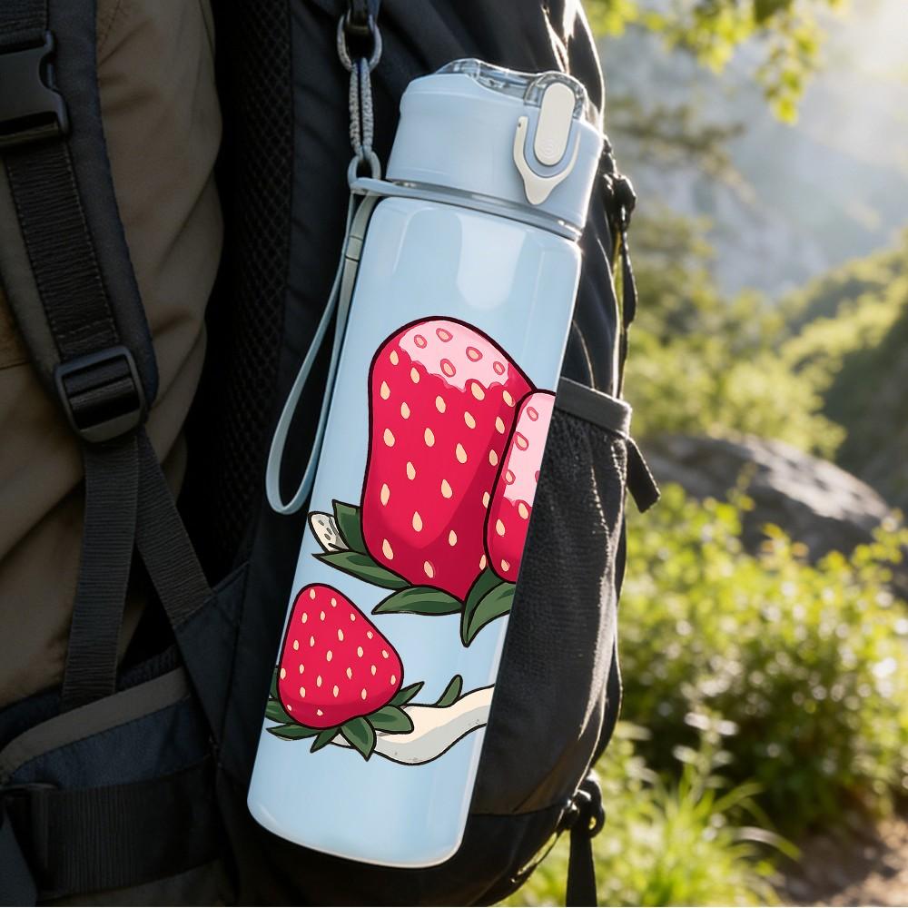 1PC Fresh Strawberry Pattern 750ml Color Plastic Sports Water Bottle Leakproof Flip Straw Lid Suitable for Sports Office Home Use