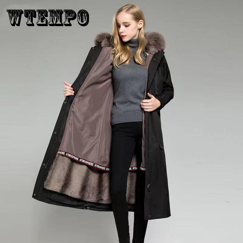 Pie Overcome Women's Knee Length Rex Rabbit Fur Liner Detachable Imitation Fox Fur Collar Lengthening and Thickening Faux Fur Coats for Women