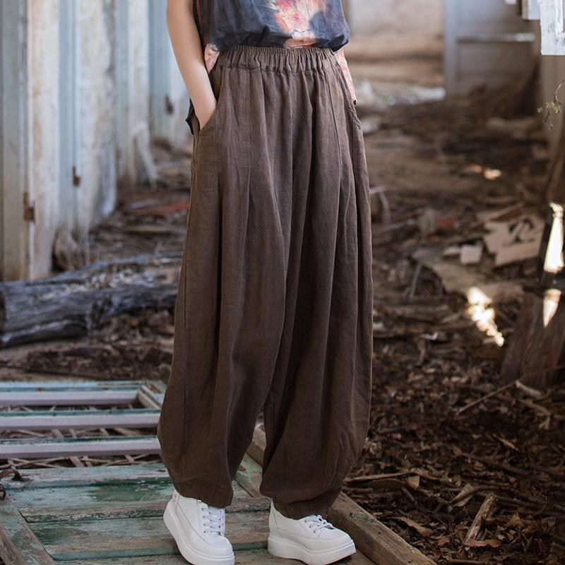 Женские винтажные шаровары Ramie с эластичной резинкой на талии, однотонные свободные весенние лоскутные женские длинные брюки