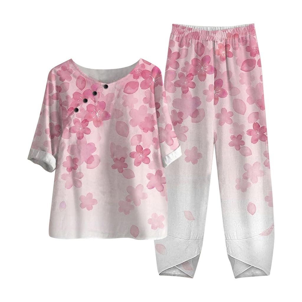 Women's Summer Half Sleeve Printed Tops Elastic Waist Nine Piece Pants Two Piece Set