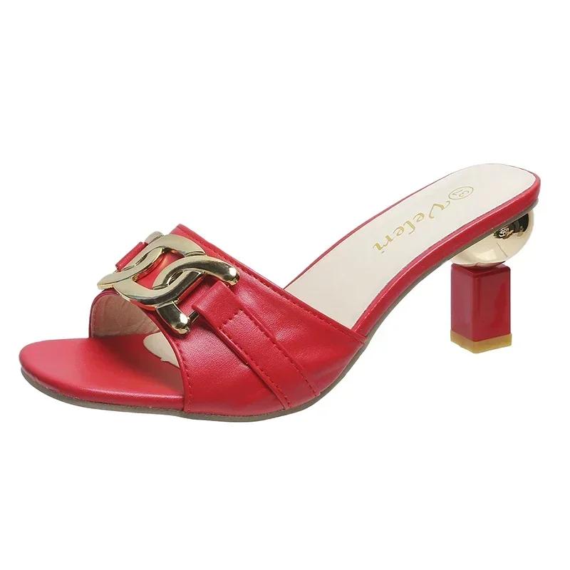 Summer Women's Slippers Sandals Shoes Female Golden Metal Chain Ladies Fashion Casual Slides Mules Indoor Zapato Mujer 36-43