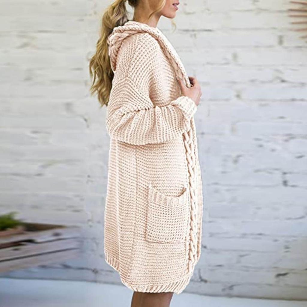Женский осенне-зимний однотонный свободный вязаный свитер с карманом и капюшоном