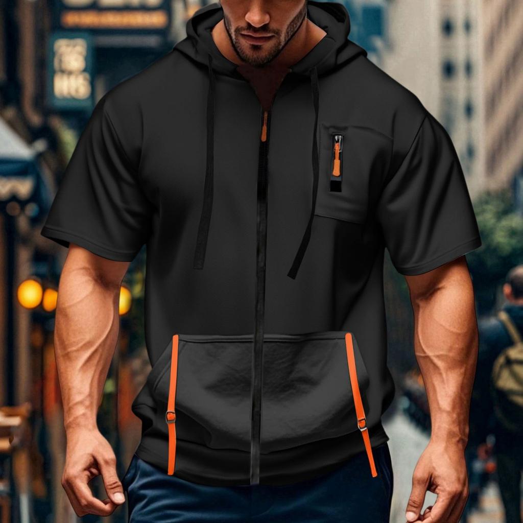 Men's Casual Short-sleeved Sweatshirt. Loose And Breathable Solid-color Sweatshirt Jacket With Multiple Pockets And A Zipper.