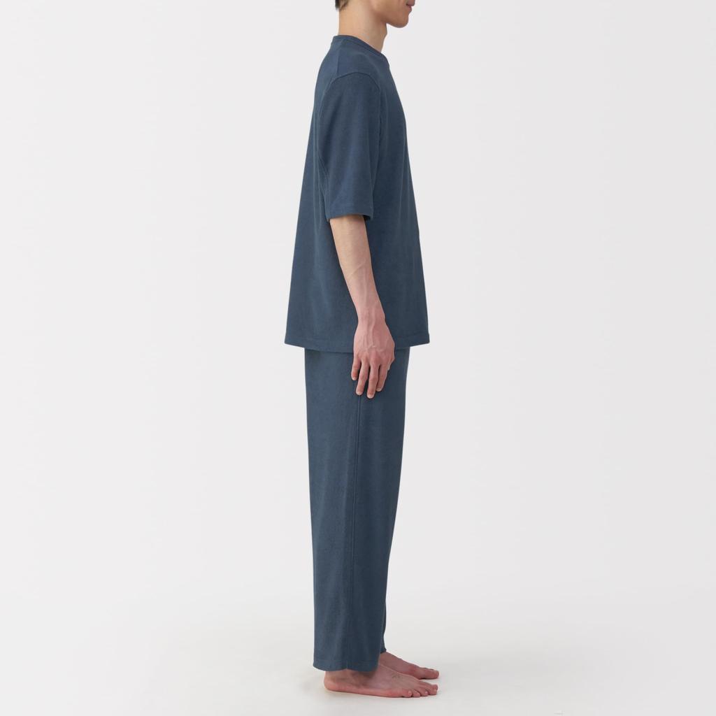MUJI Домашняя одежда, которую можно носить, Размер L, Мужская, Полотенце, Двусторонняя плитка, Комплект с полурукавом, Темно-синий, (FB0ZGA5A)
