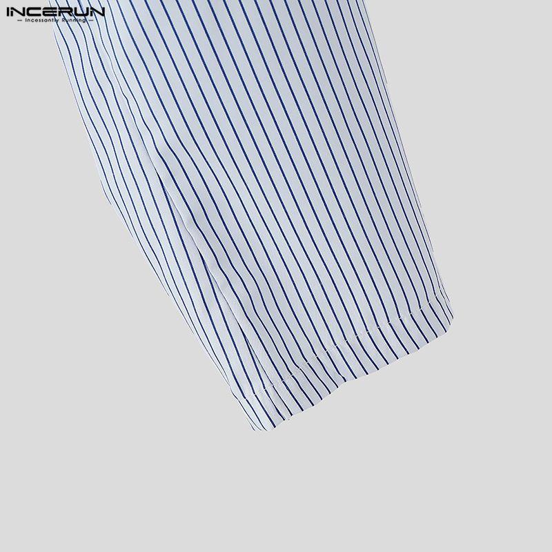 INCERUN Мужские наряды Стойка воротник Полосатый Длинный рукав Кроп-топы На молнии С высокой талией Длинные брюки Комплекты