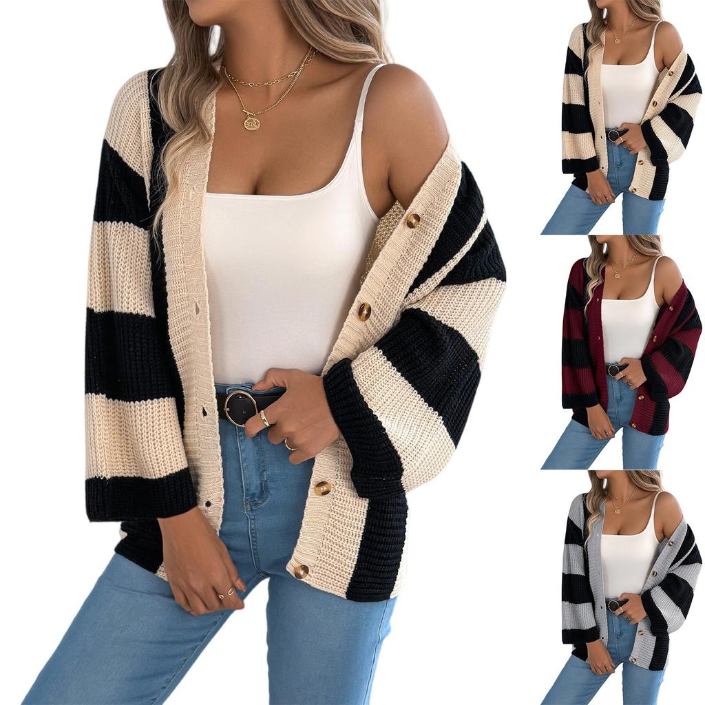Women's Contrast Striped Flared Sleeve Cardigan Long Sleeve Sweater