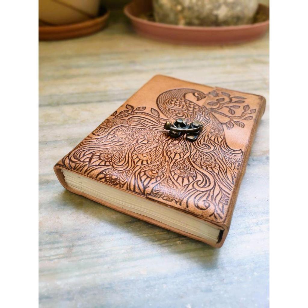 Peacock Embossed Handmade Leather Diary With Lock, Locked Journal, Writing Fancy Notebook, Medium Size Leather Notepad, Writers Paradise