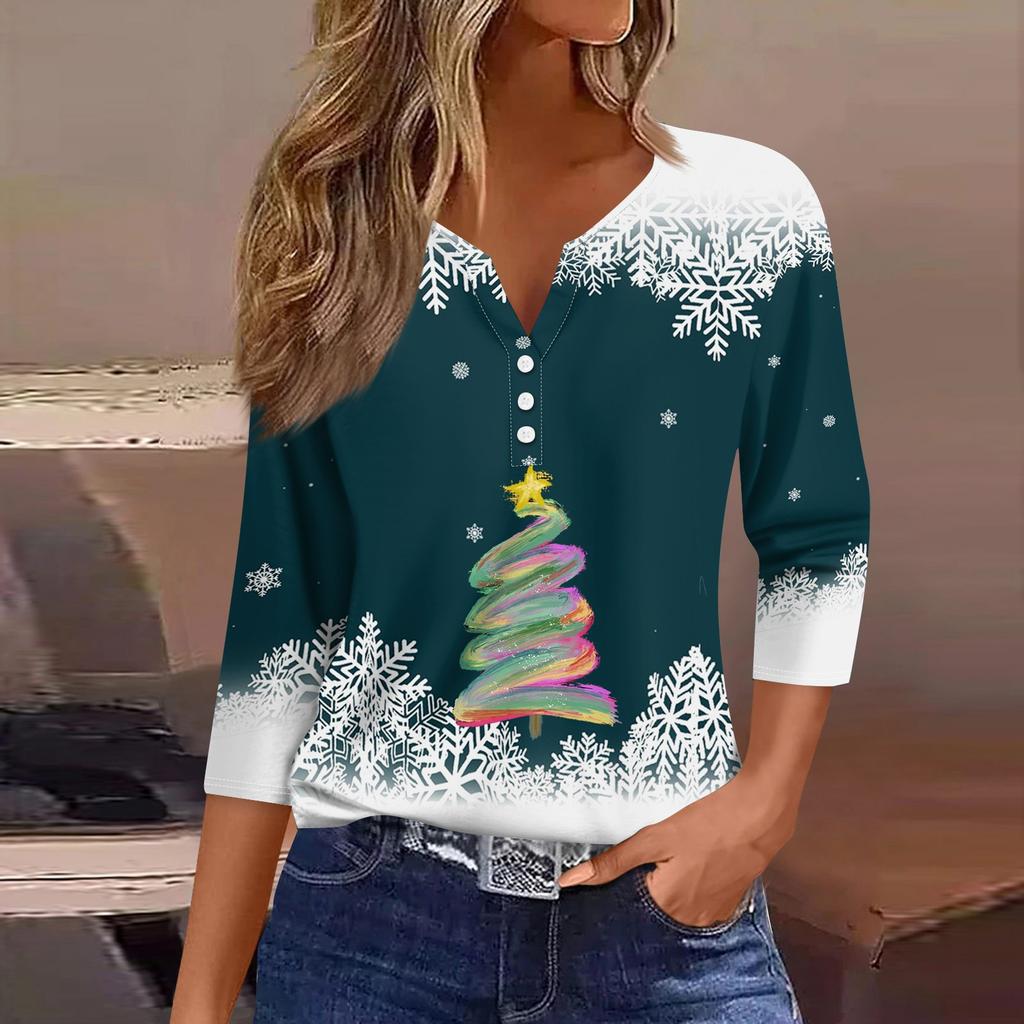 Жен. Футболка Футболка С принтом Пуговицы Рукав 3/4 Повседневные Выходные Мода Классический Классический V-образный вырез Обычный Верх