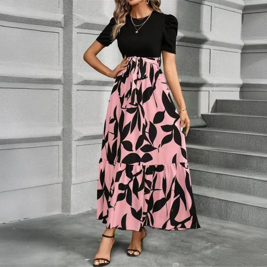 Летнее платье с круглым вырезом, коротким рукавом, высокой талией, длинное платье с принтом листьев и струящимся подолом, повседневная одежда