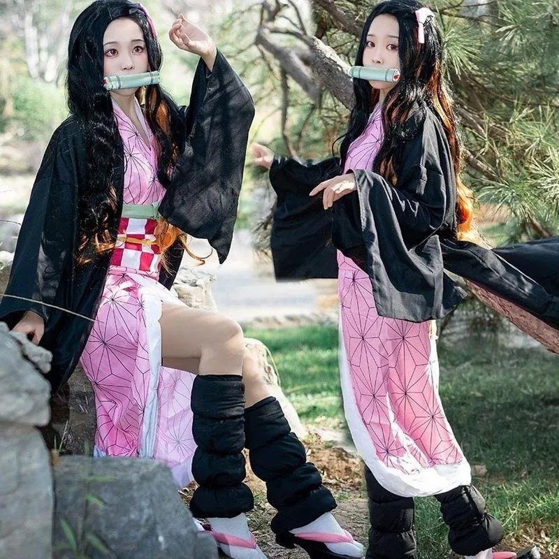 Взрослых женщин аниме Demon Slayer Kamado Nezuko косплей парик длинный кудрявый костюм кимоно костюм одежда дети девочки