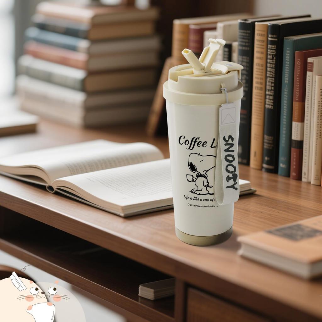 Snoopy Coffee Cup, Vacuum Insulated, Large Capacity, Straw Included, Easy to Clean, 500ml, Keeps Hot or Cold, Wide Mouth, Leak-Proof, Outdoor,