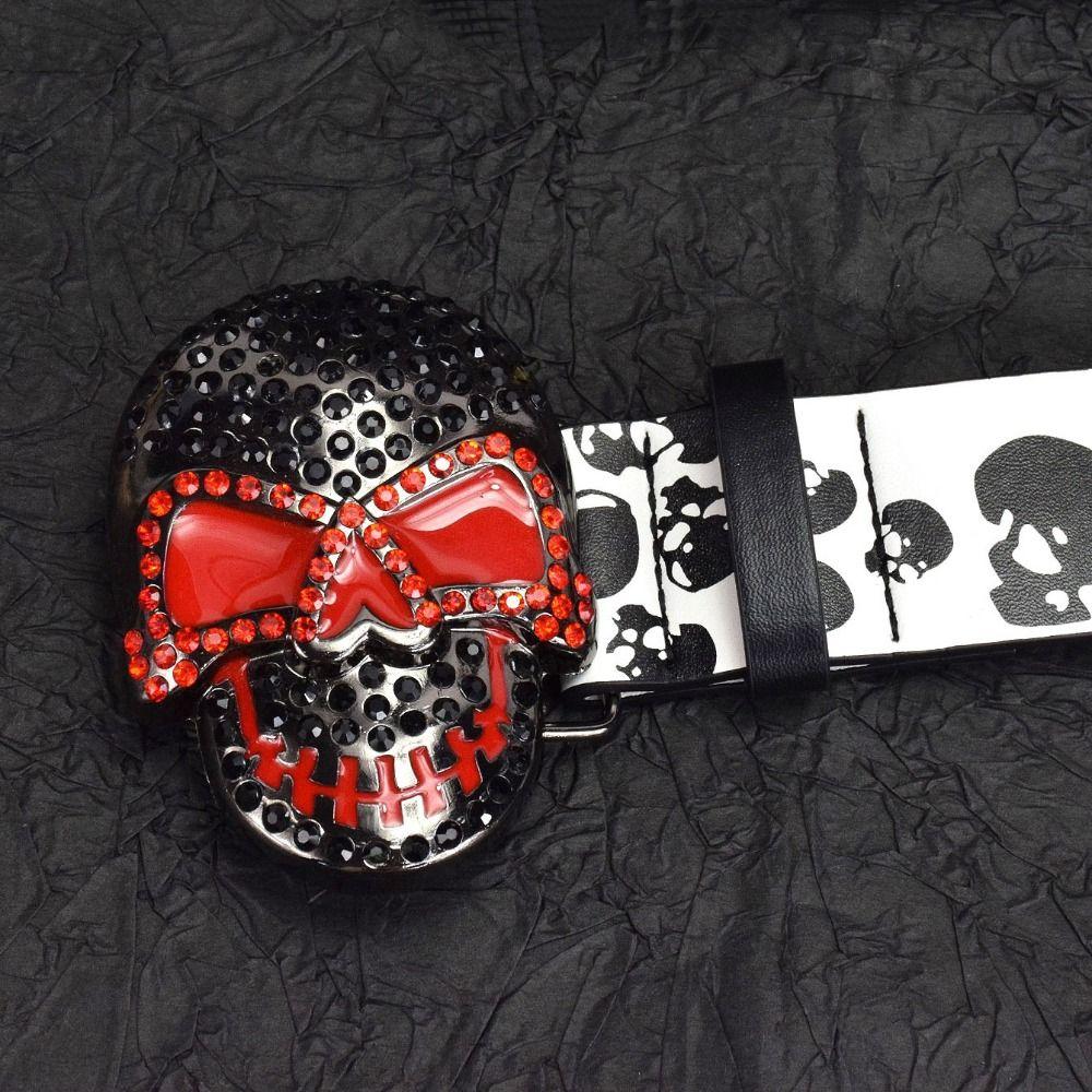 Rhinestone Skull Print Belt Pu Leather Halloween Skeleton Waistband Belt Accessories