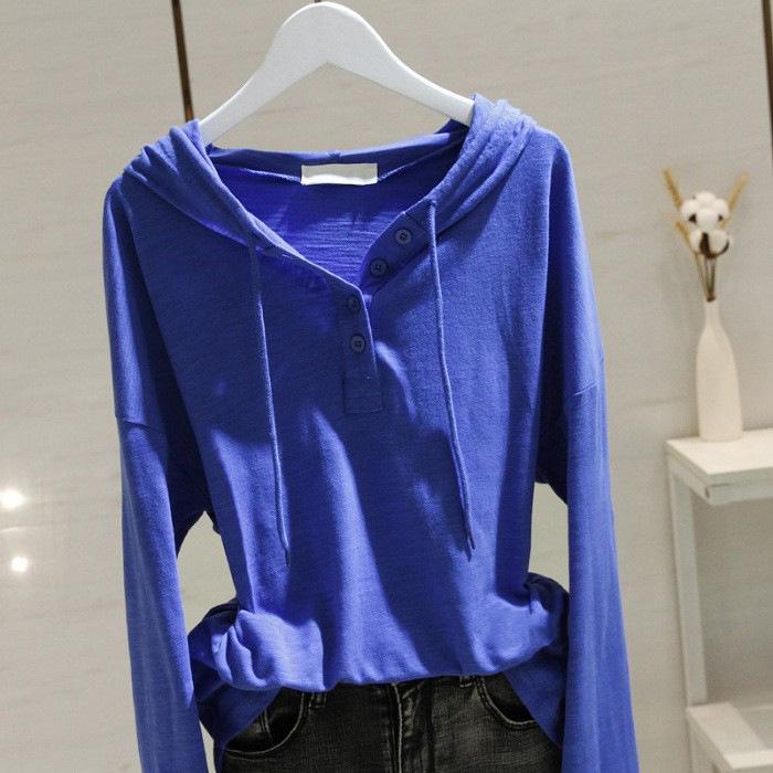 Women's Korean-Style White Hooded Long-Sleeve T-Shirt - 2025 Spring/Autumn Loose-Fit Top