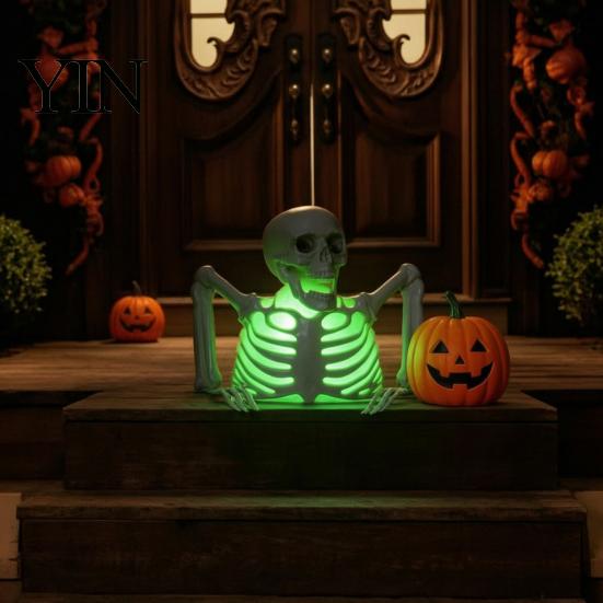 Halloween Theme Party Supplies Half Body Skeleton Decoration, Realistic Spooky Light Up Plastic Decorative Photo Prop for Graveyard, Haunted