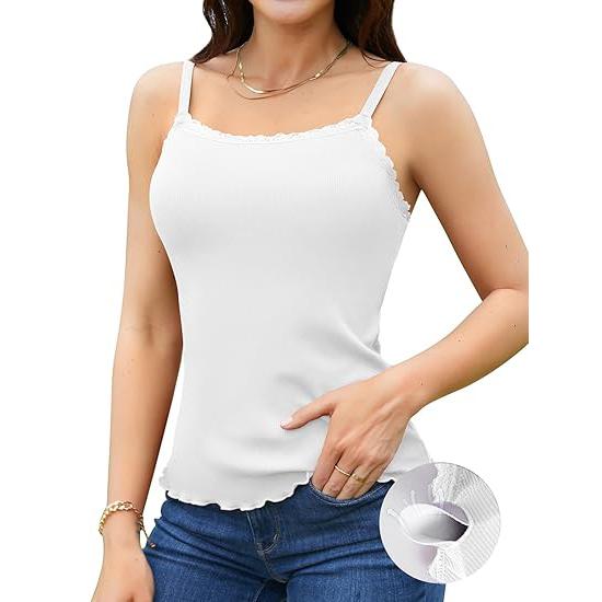 CHARMLEAKS Женская кружевная майка со встроенным бюстгальтером, регулируемые бретельки-спагетти, майка-топ, салатовый подол, ребристая майка