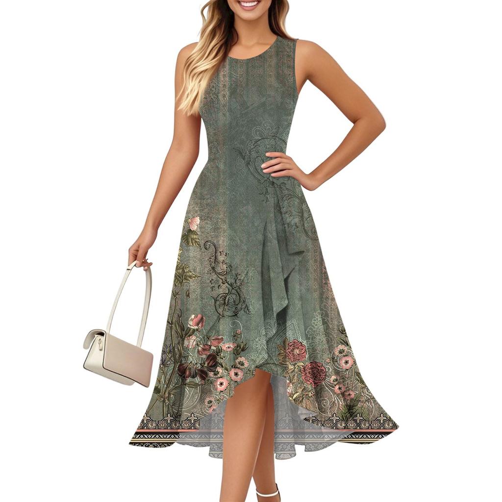 Женские модные повседневные платья без рукавов с круглым вырезом и принтом, элегантные, темпераментные, с оборками