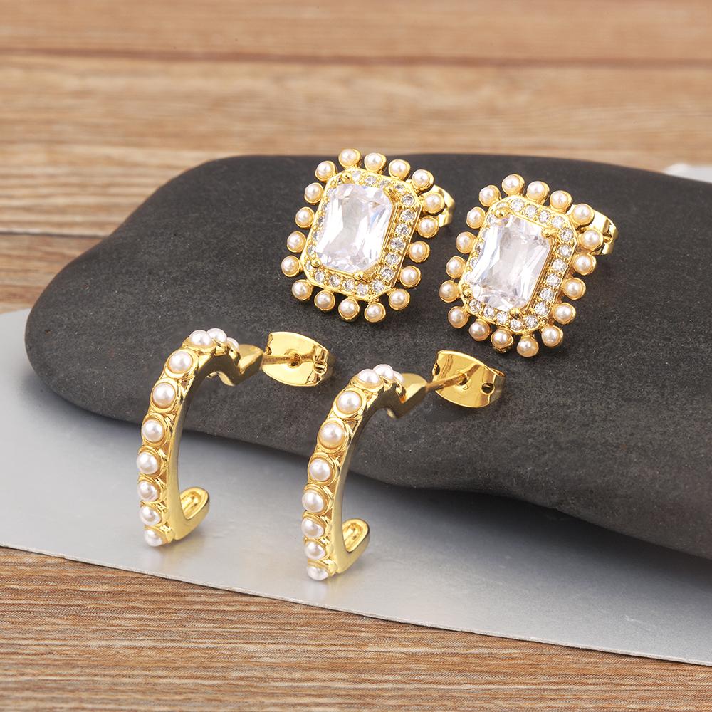 Nidin New Fashion Lucky Inlaid Pearl Bead Shiny Zircon Charm Stud Earrings 4 Styles For Women Upscale Ear Jewelry Accessories