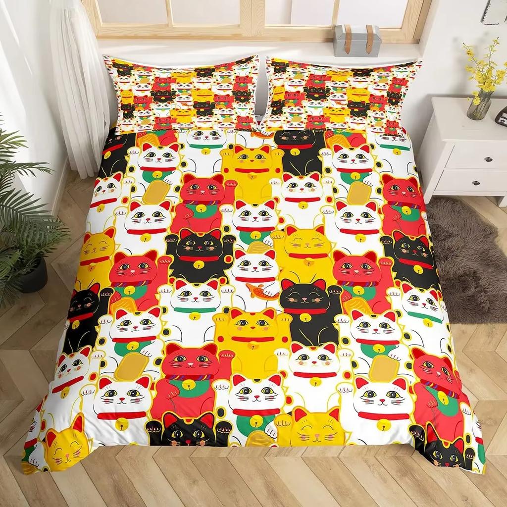 Комплект пододеяльника Lucky Cat в японском стиле с волновым узором, комплекты постельного белья для взрослых и детей, экзотический декор для спальни, комплект из 3 предметов: пододеяльник размера кинг