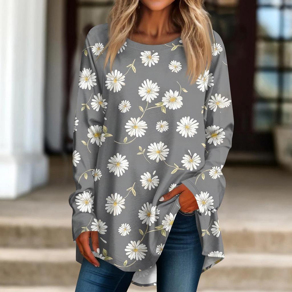 Женская повседневная футболка больших размеров с длинными рукавами и круглым принтом, верхний пуловер