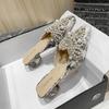 Fashion Summer Mules Shoes Pearl Beading Sandals Women Pointy Cutout Lace Outdoor Slides Female Med-high Heels Pearl Sandalias Size 43