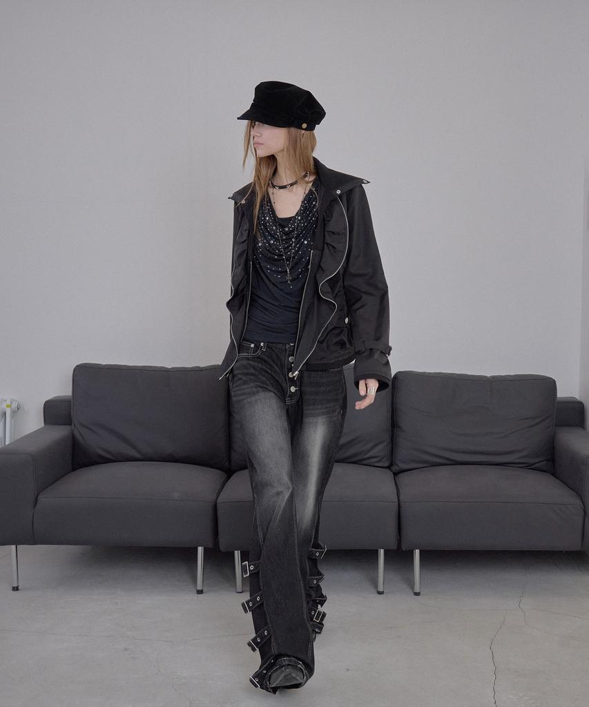 ASYMMETRY Gathered Zip Layer Jacket / Black