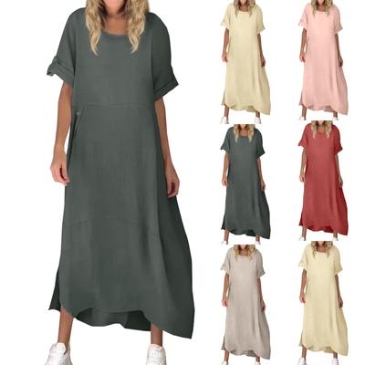 Женская мода сплошной цвет с коротким рукавом повседневные свободные длинные платья