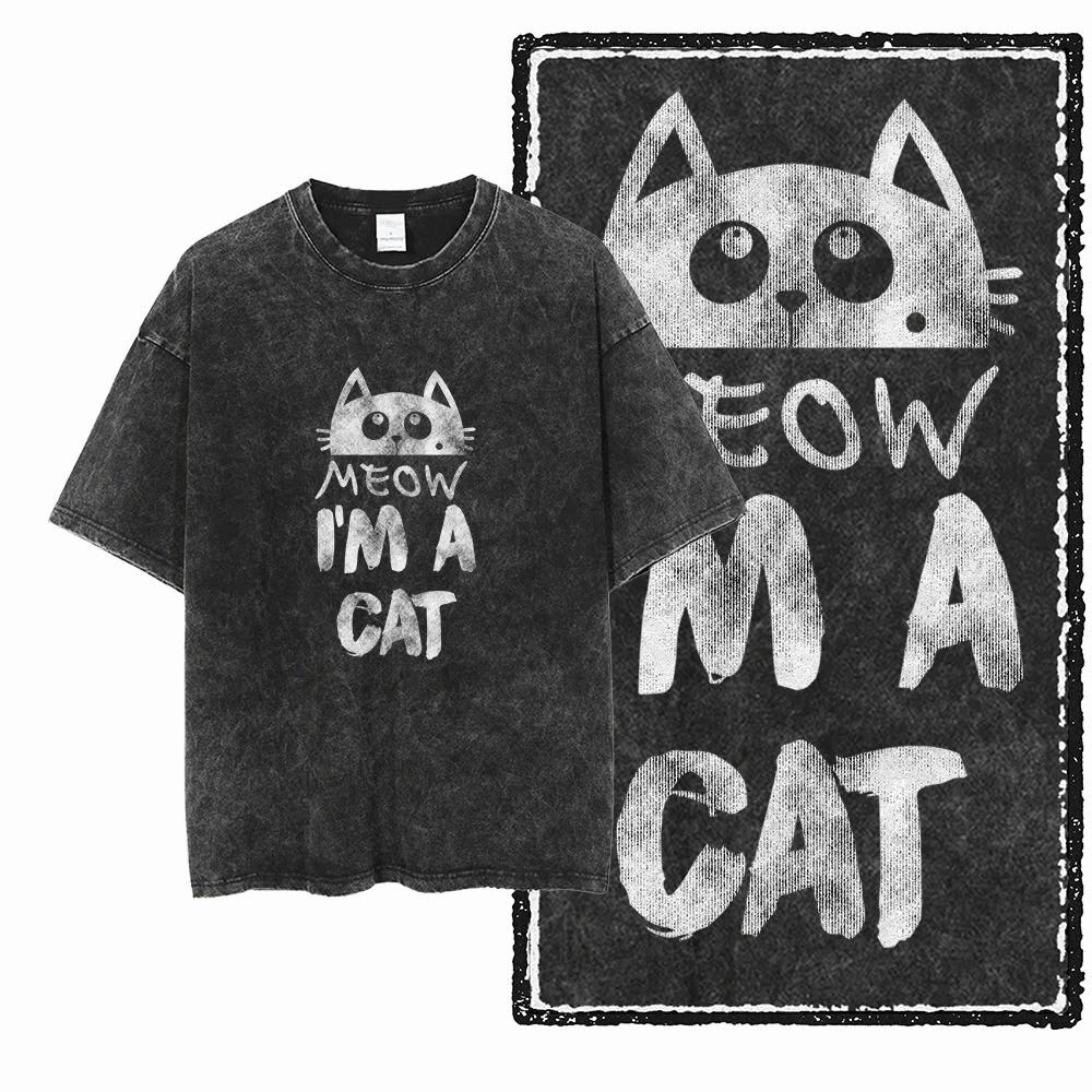 Gothic Cat Printed Cotton Acid Washed Exclusive Graphic Unisex T Shirt Cool Streetwear Men Tshirts Big Size Tee for WomenT Shirt