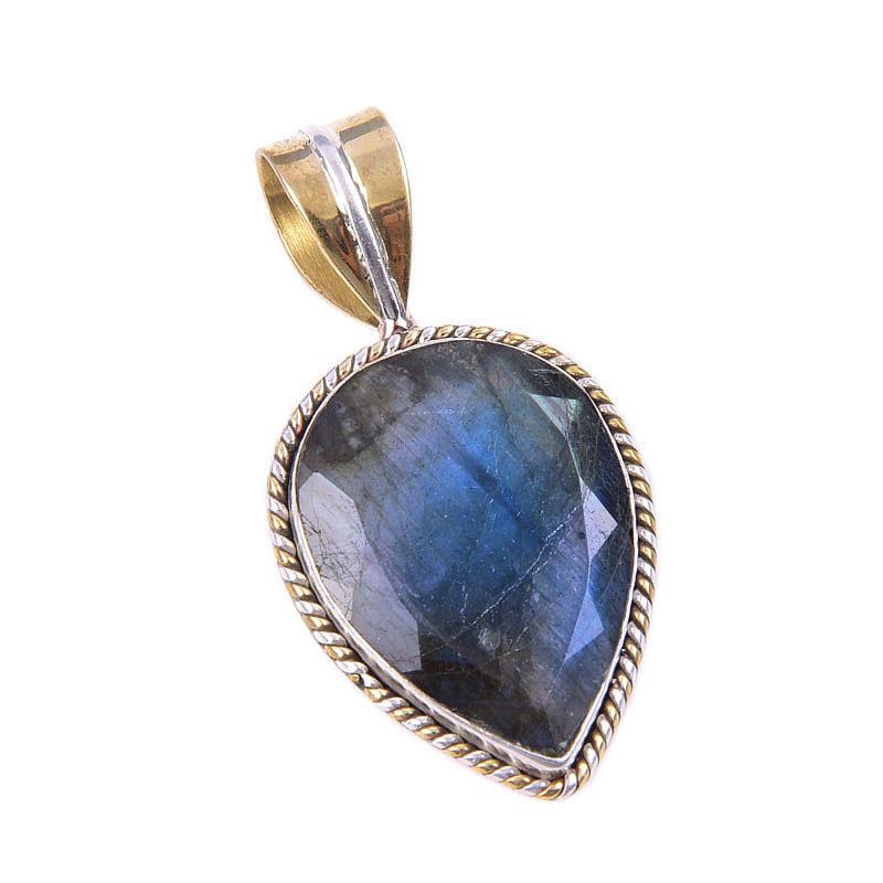Natural Labradorite 925 Solid Sterling Silver Jewelry TwoTone Pendant 1.50" u9E31