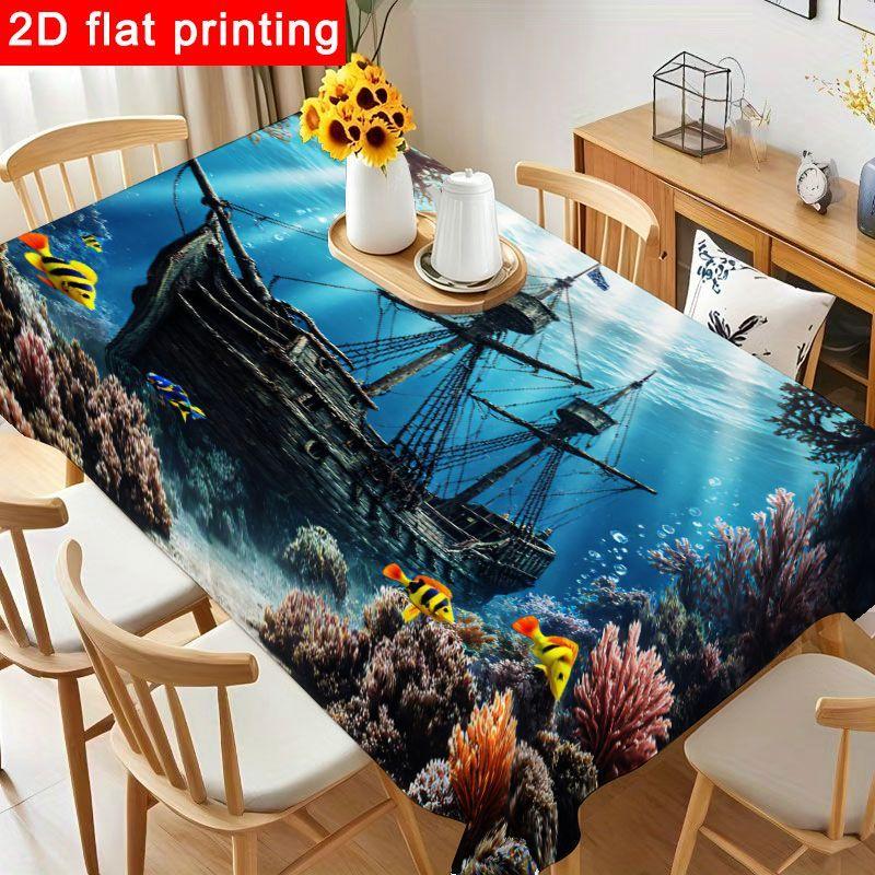 1pc Underwater Coral Reef Tablecloth - Colorful Polyester Table Cover with Sunken Ship Design, Reusable & Easy to Clean for Birthday Parties, Gatherin