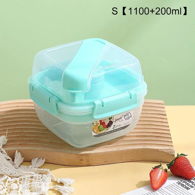 Portable 2 Layer Salad Bowls Lunch Box with Fork Meal Prep Food Storage Container Fresh-keeping Sealed Leakproof Bento Lunchbox