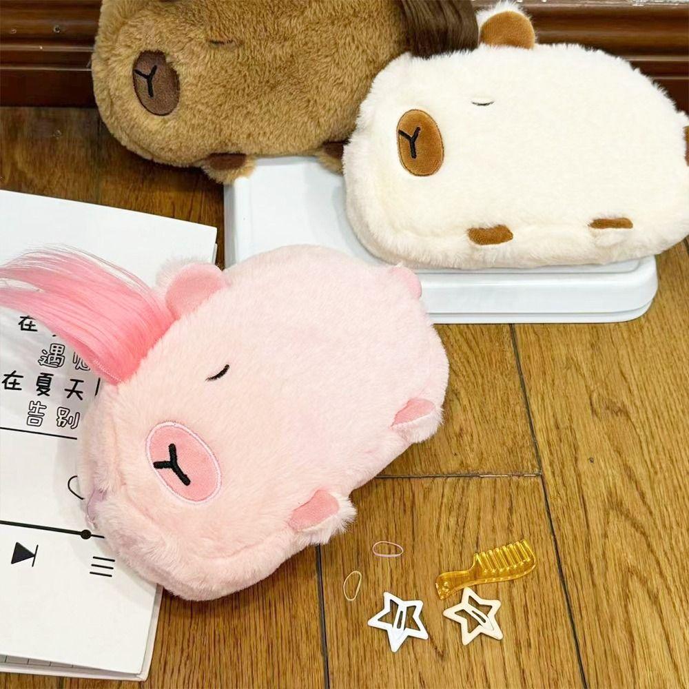 Storage Bag Capybara Pencil Bag Pen Holder Plush Pen Case Cute Capybara Stationery Bag  Office