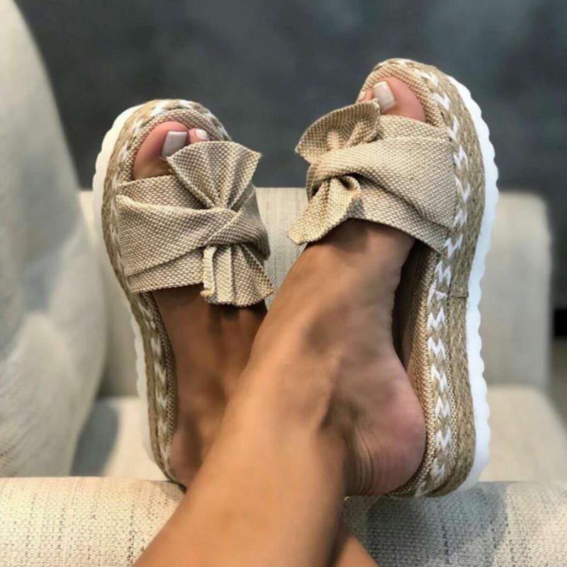 Новые женские тапочки Повседневные Однотонные Бант Платформа Плоская подошва Модные Плетеные ремешки Сандалии для прогулок на улице