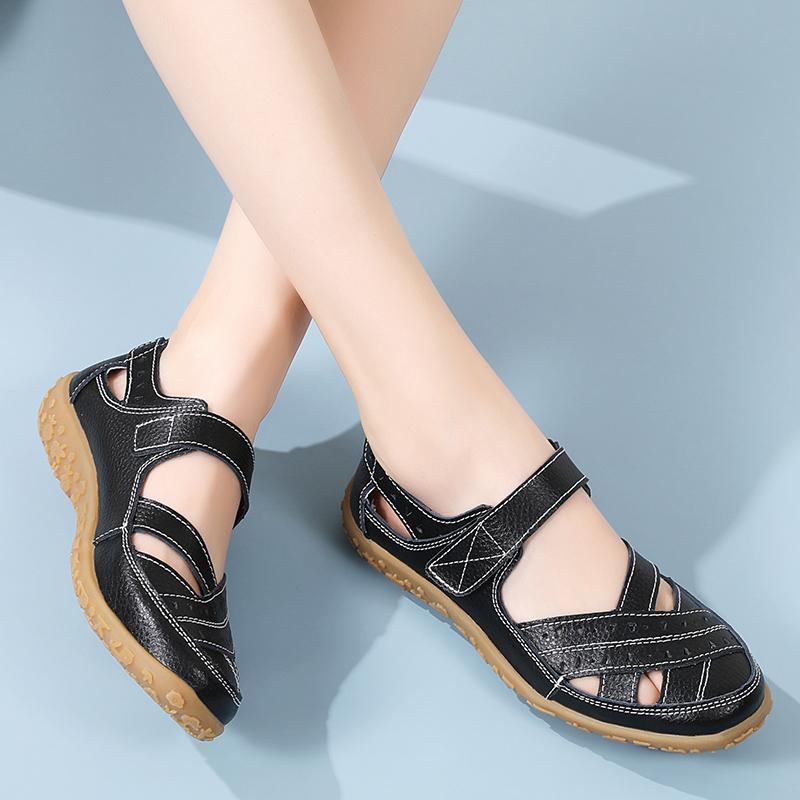 Женские сандалии, летние базовые пляжные дышащие туфли на плоской подошве Мэри Джейн, повседневные мягкие прогулочные сандалии с закрытым носком для девочек, большие размеры