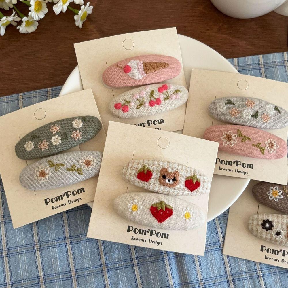 Oval Floral Embroidered Hairpin Set Cute Children's Hair Accessories Kids