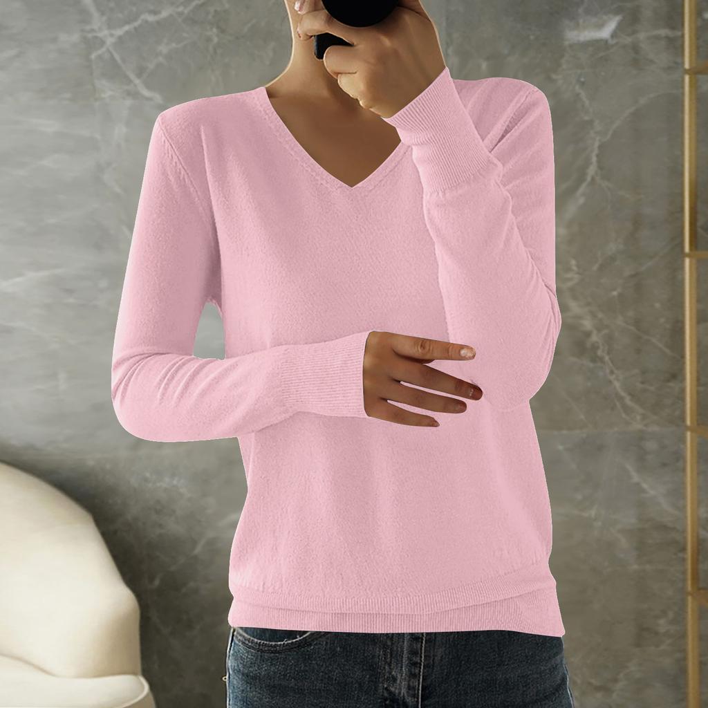 Women's Fashion Loose Knit Sweater Bottom Shirt V-Neck Pullover Long Sleeve Solid Color Top