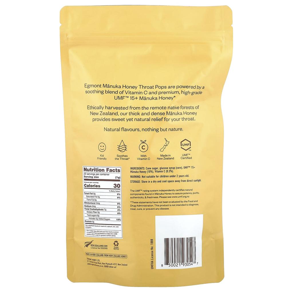 Egmont Honey, Manuka Honey Throat Pops, 20 packs, 140g (4.94oz)