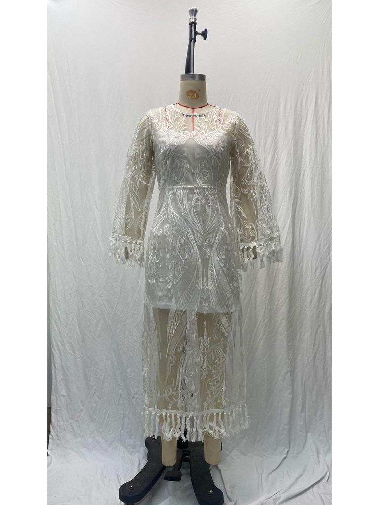 Весна 2025 Европейское и американское женское вышитое белое вечернее платье с кружевом и кисточками