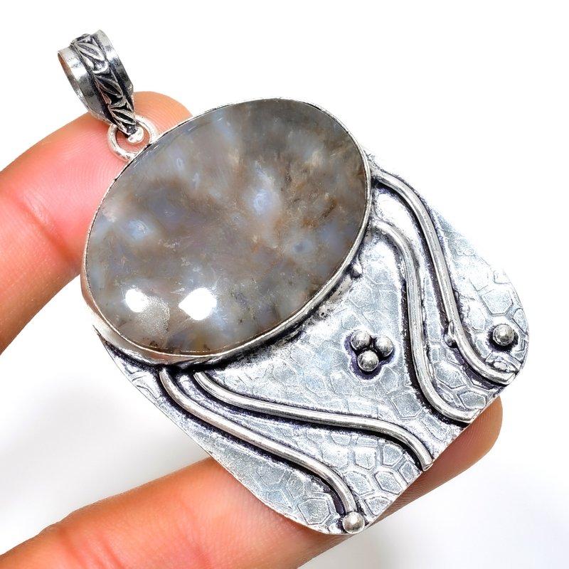 Tube Agate Gemstone 925 Silver Plated Handmade Jewelry Pendant 2.46"