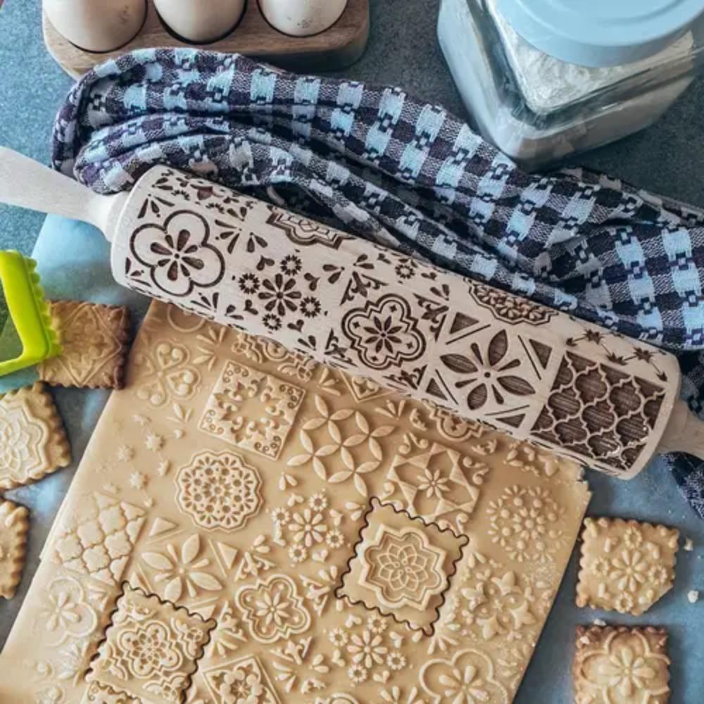 Square Grid Patterned Roller Laser Engraved Embossed Wooden Rolling Pin Cookies Mold Dough