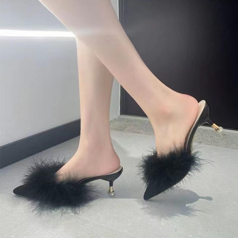 Fur Slippers Woman High Thin Heels Woman Shoes Sexy Pointed Top Outdoor Slides Fashion Summer House Slippers Flip Flops Sandals