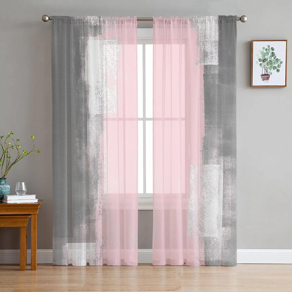 Orange Gray Abstract Oil Painting Texture Sheer Curtains for Living Room Decoration Window Curtain Kitchen Tulle Voile Drapes