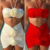3Pcs/Set Women Summer Bikini Set 3D Rose Flower Decor Halter Bandeau Pleated