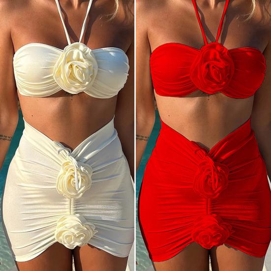 3Pcs/Set Women Summer Bikini Set 3D Rose Flower Decor Halter Bandeau Pleated