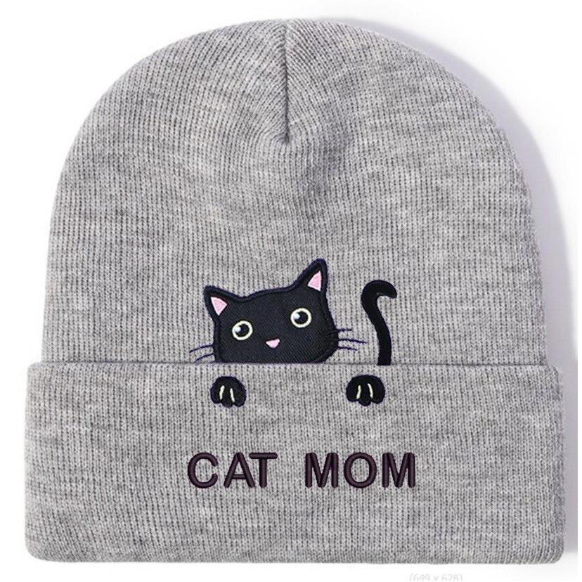 Kitten cat mom dad embroidery flower knitted hat wool hat outdoor cycling warm hat