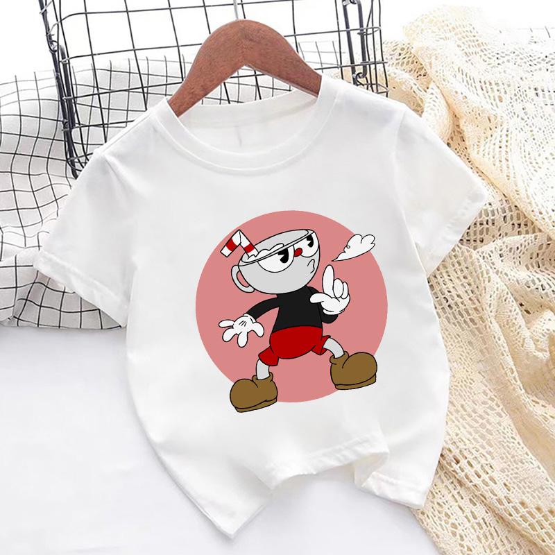 Футболка с принтом игры Cuphead Мультяшная Милая Детская Футболка Летние Топы для Девочек Повседневная Одежда для Малышей Детские Футболки с Короткой Рукавой с Круглым Вырезом
